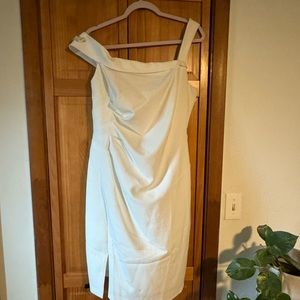 Adriana Papell White Dress Asymmetrical Crepe Cocktail Off Shoulder Beaded